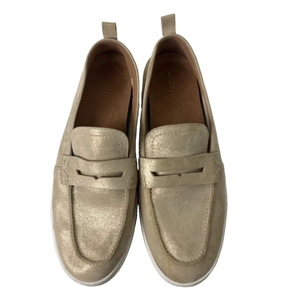 Vionic Uptown Metallic Suede Penny Loafers Womens 10 Gold Orthotic Slip On